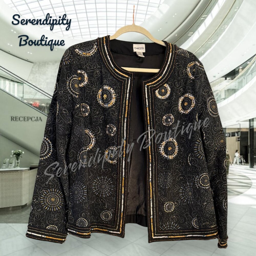 Chicos All Over Embroidery Beaded 100% Cotton Fully Lined Blazer Jacket - Picture 3 of 10